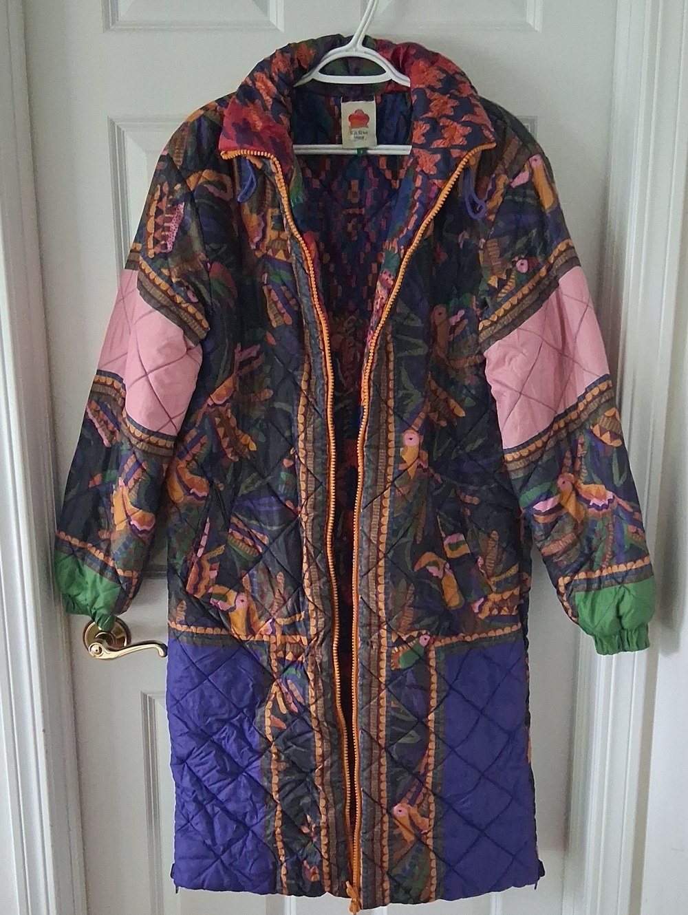 Farm Rio Quilted Multicolor Long Women's Coat - Pink, Purple & Green Size S